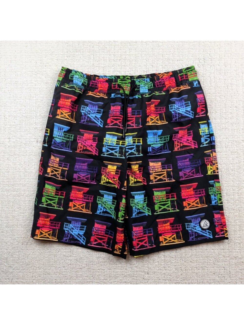 Y2K Ripzone Board Shorts Neon Life Guard Towers AOP Andy Warhol Style Surf Read